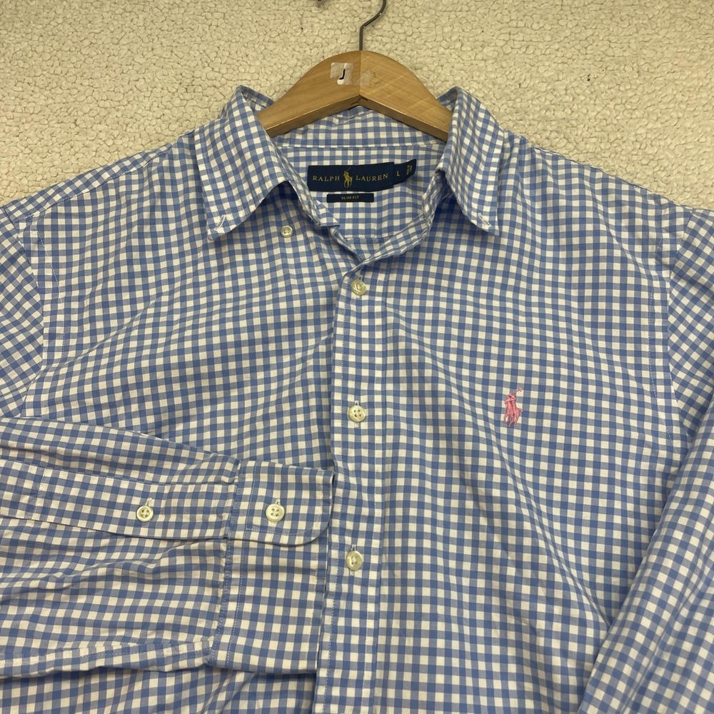 Ralph Lauren Button Down Mens L Blue Gingham Slim Fit Long Sleeve Pony Logo 1330